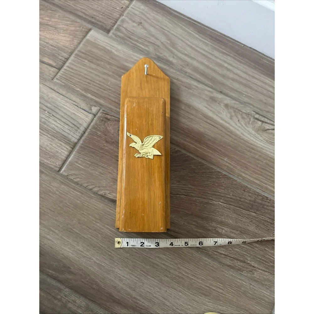 Vintage Rustic Wall Mount Wooden Long‎ Match Holder Box Brass Eagle 14.25